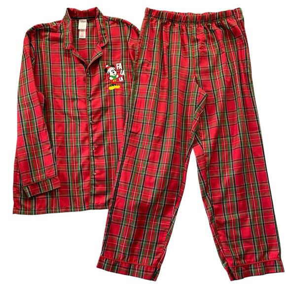 Disney Store Mickey Mouse Pajama Set Mens Size Extra Large Plaid Flannel Santa - Picture 2 of 5